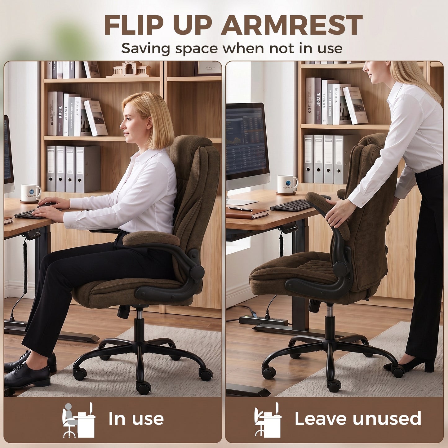 Office Chair, Computer Desk Chair with Flip-up Armrest, Brown