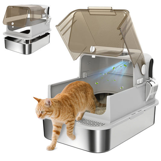 XXL Stainless Steel Litter Tray, Enclosed Cat Litter Box w/ Cover