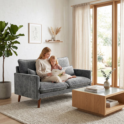 2 Seater Sofa, 131cm Velvet-Feel Fabric Loveseat Sofa with Spring Cushions, Wide and Deep Seat, Wood Legs, 2 Pillows, Modern Couch Settee for Small Space, Living Room, Bedroom, Office, Grey