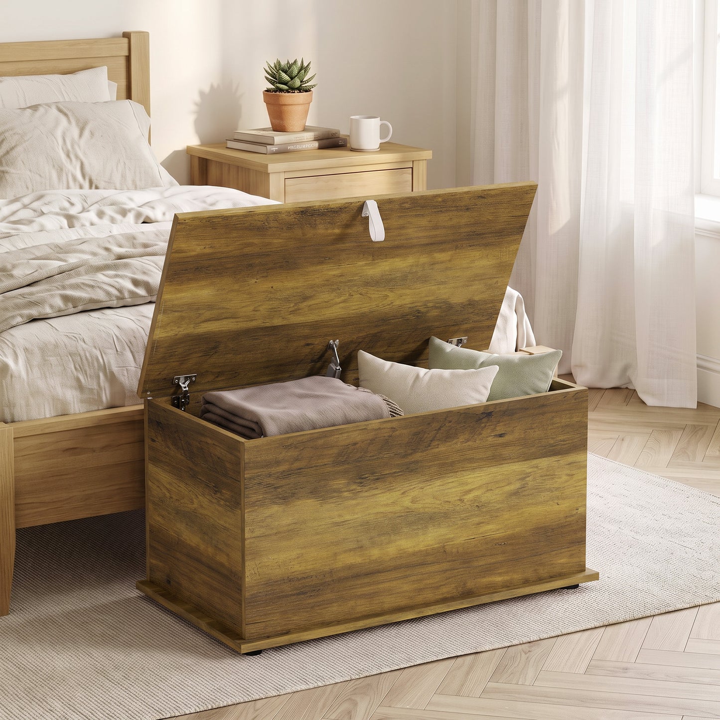 Storage Chest with Safety Hinged Lid, 102L Storage Box, Brown