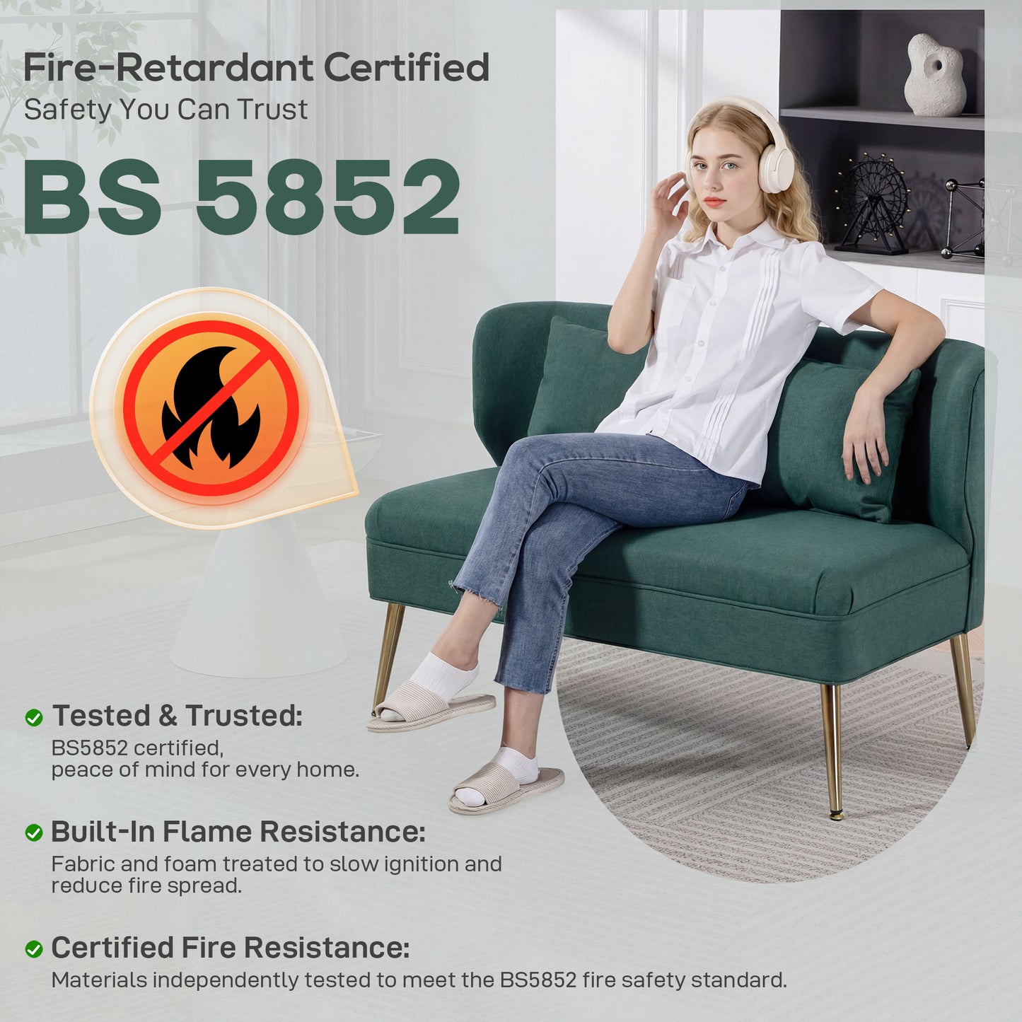 2 Seater Sofa, Small Sofa with Wing Back, Thick Seat, Dark Green