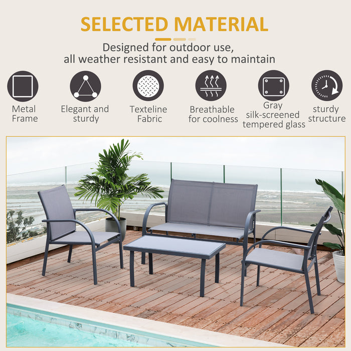 4 pcs Curved Steel Patio Furniture Set w/ Loveseat, Texteline Seats, Glass Top Table For Party Event, Grey