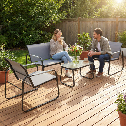 Garden Sofa Set with Loveseat, 2 Armchairs, Tempered Glass Table