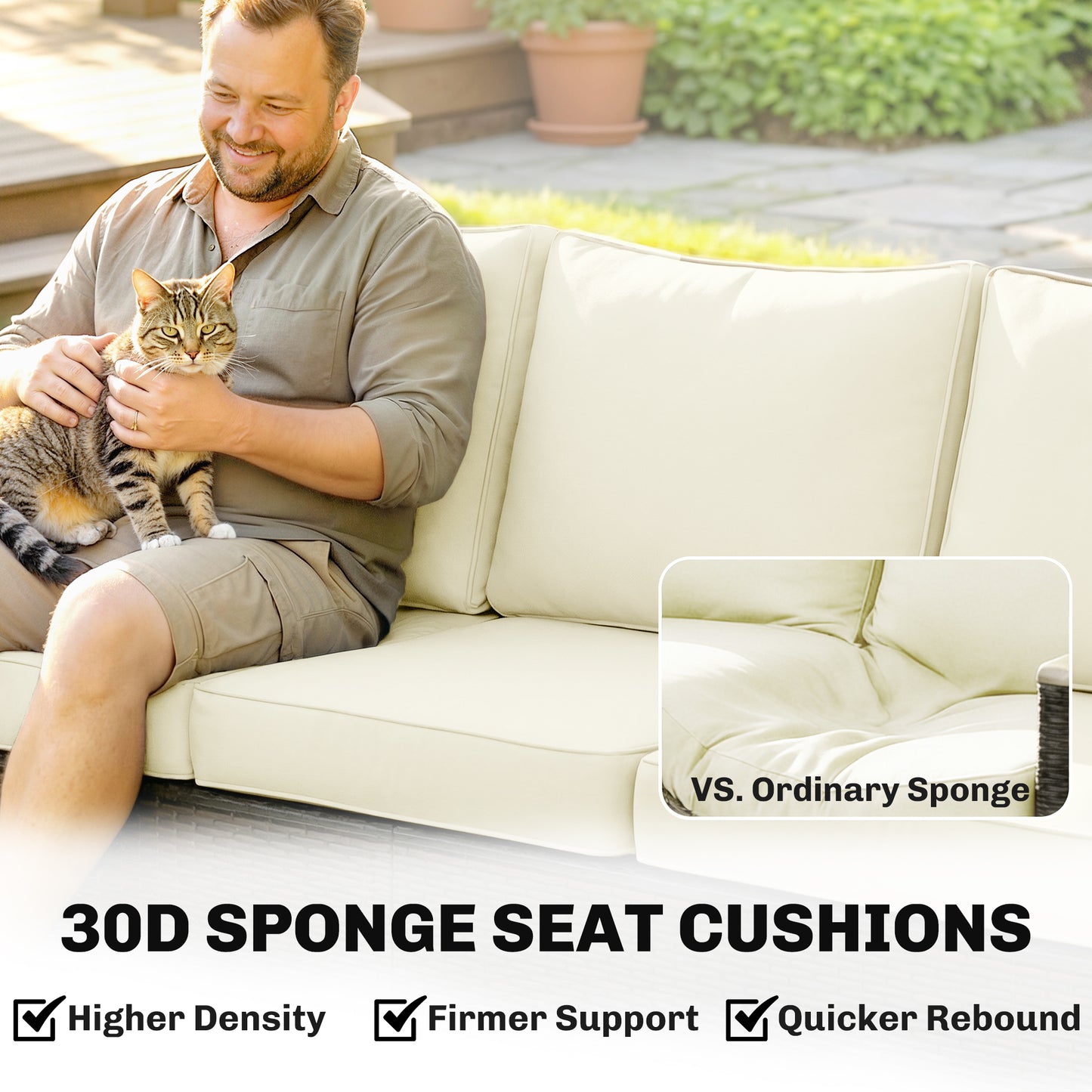 3 Seater Rattan Garden Sofa with Cushioned Wide Seats, Brown