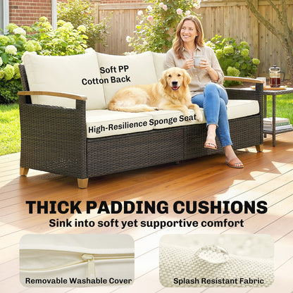 3 Seater Rattan Garden Sofa with Cushioned Wide Seats, Brown