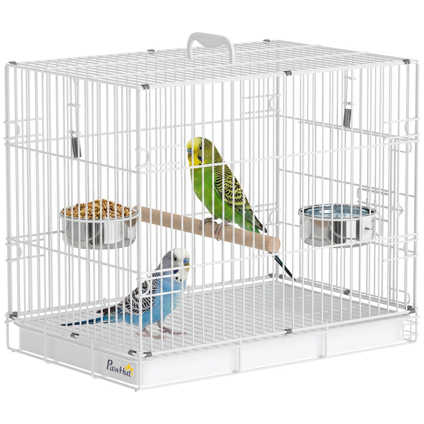 Foldable Bird Cages, Metal Parrot Cage with Wooden Perch, 2 Bowls and Top Handle for Cockatiels, Parakeets, Finches, 49 x 31 x 40 cm, White