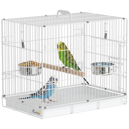 Foldable Bird Cages, Metal Parrot Cage with Wooden Perch, 2 Bowls and Top Handle for Cockatiels, Parakeets, Finches, 49 x 31 x 40 cm, White