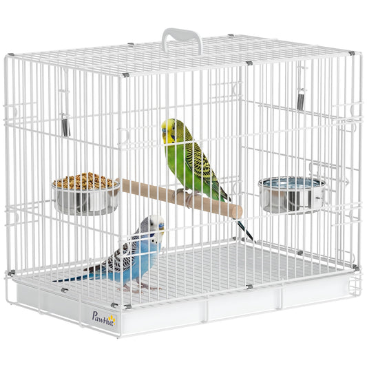 Foldable Bird Cages, Metal Parrot Cage with Wooden Perch, 2 Bowls and Top Handle for Cockatiels, Parakeets, Finches, 49 x 31 x 40 cm, White