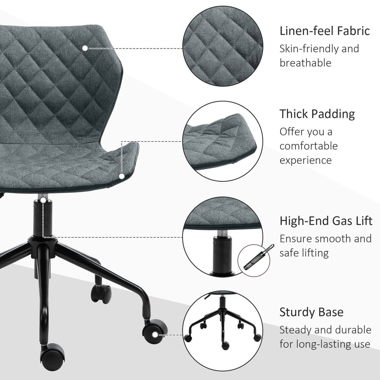 Home Office Swivel Desk Chair Nylon Wheels Adjustable Height Linen Grey