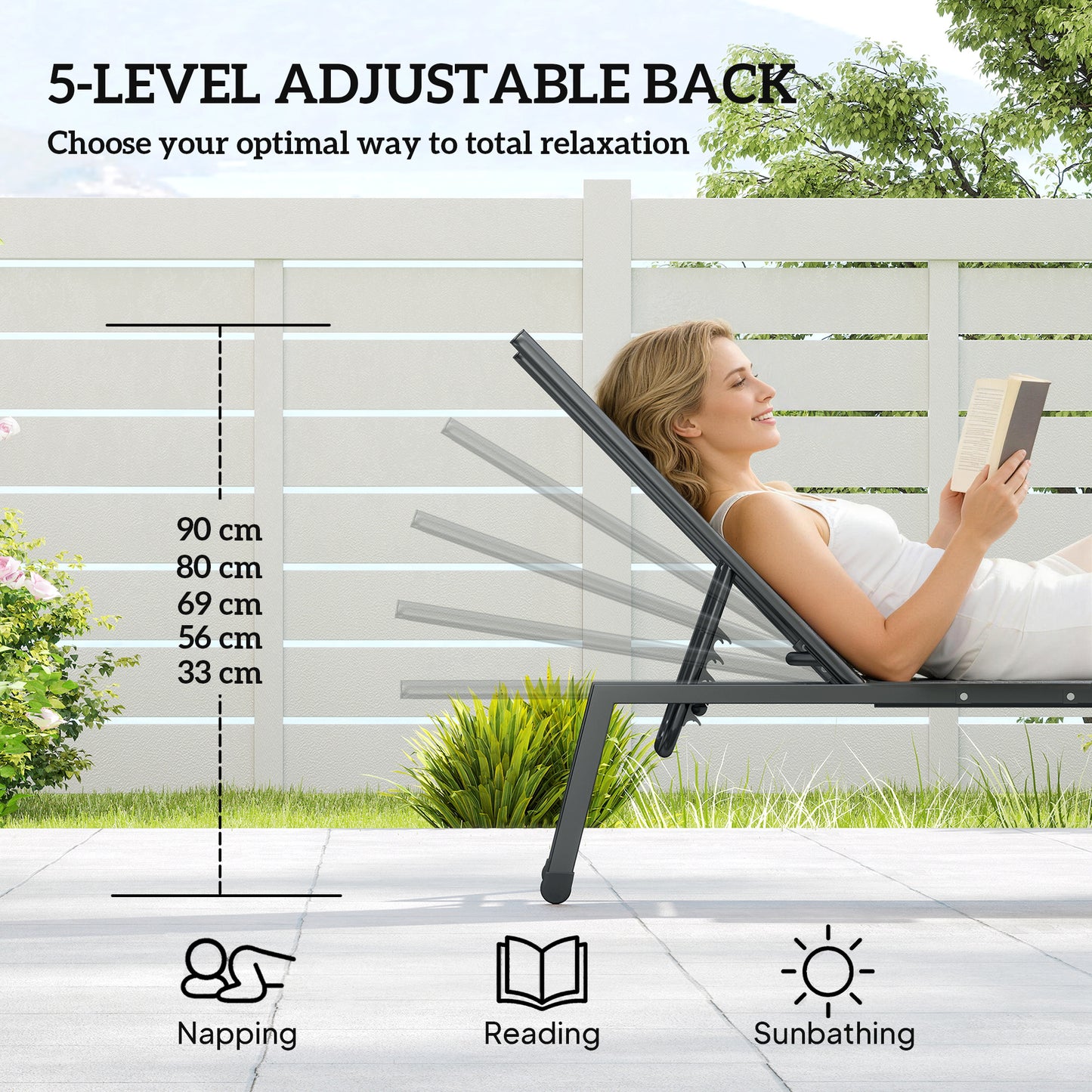 Sun Loungers for Garden Set of 2 with Side Tray Table, Khaki