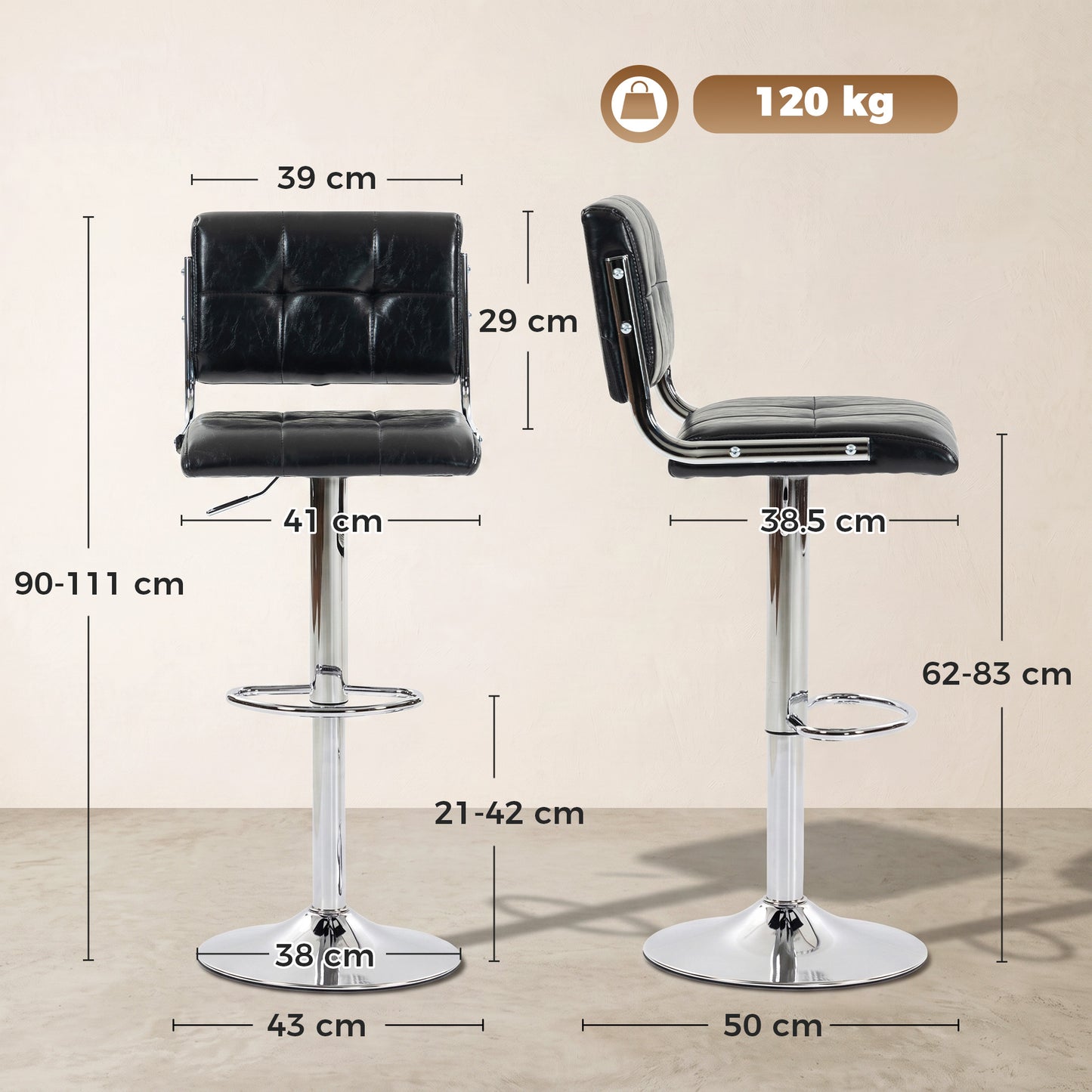 Adjustable Bar Stools Set of 2 with Backrest Black