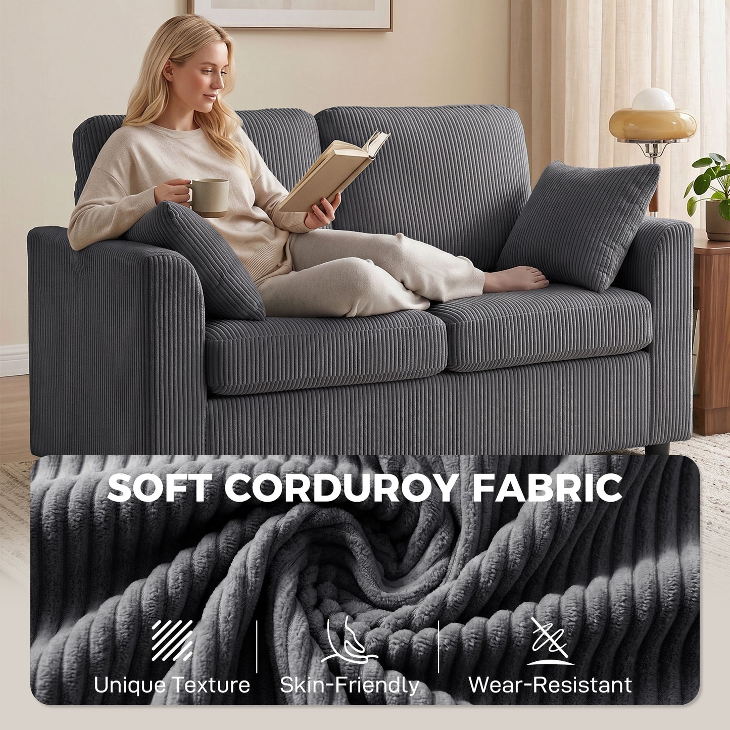 2 Seater Sofa, Corduroy Small Couch with Spring Cushion, Dark Grey
