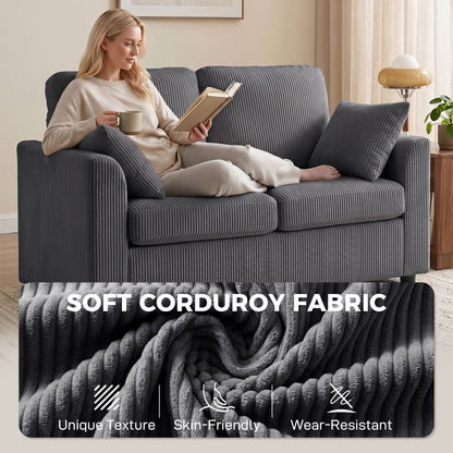 2 Seater Sofa, Corduroy Small Couch with Spring Cushion, Dark Grey