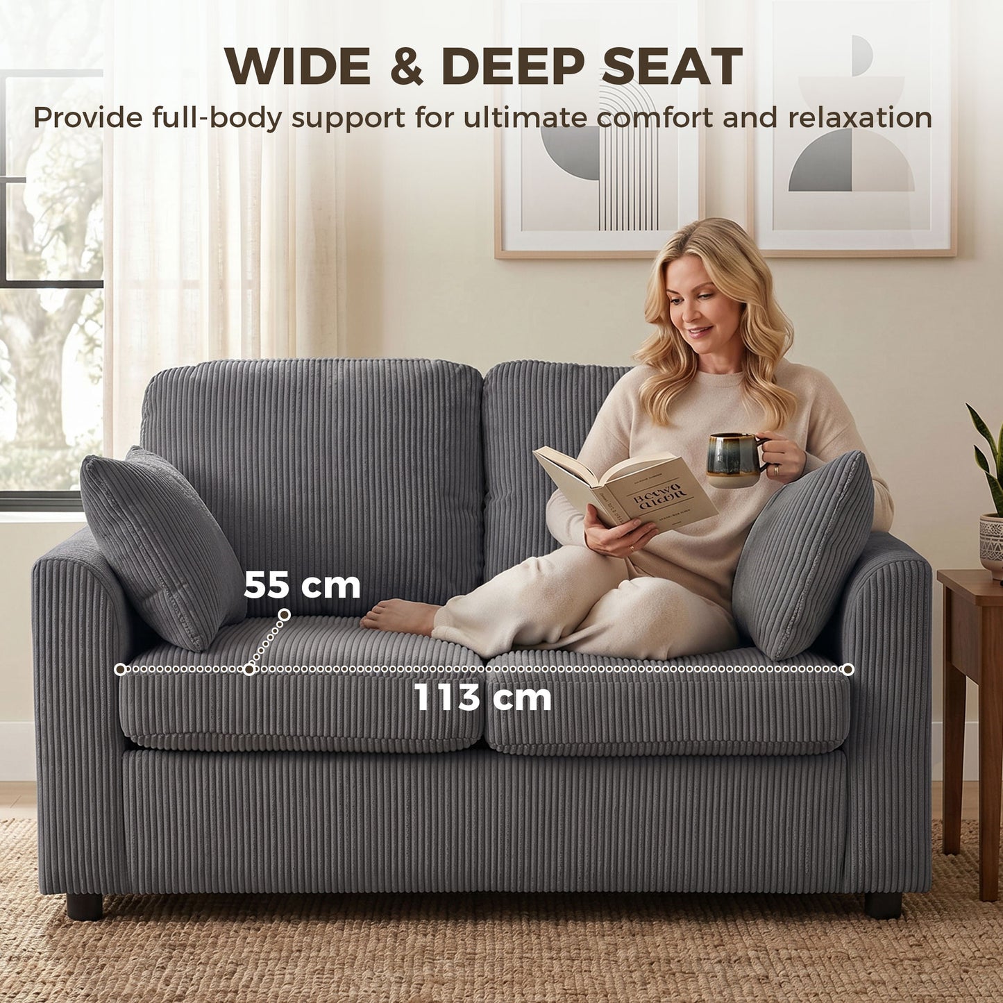 2 Seater Sofa, Corduroy Small Couch with Spring Cushion, Dark Grey