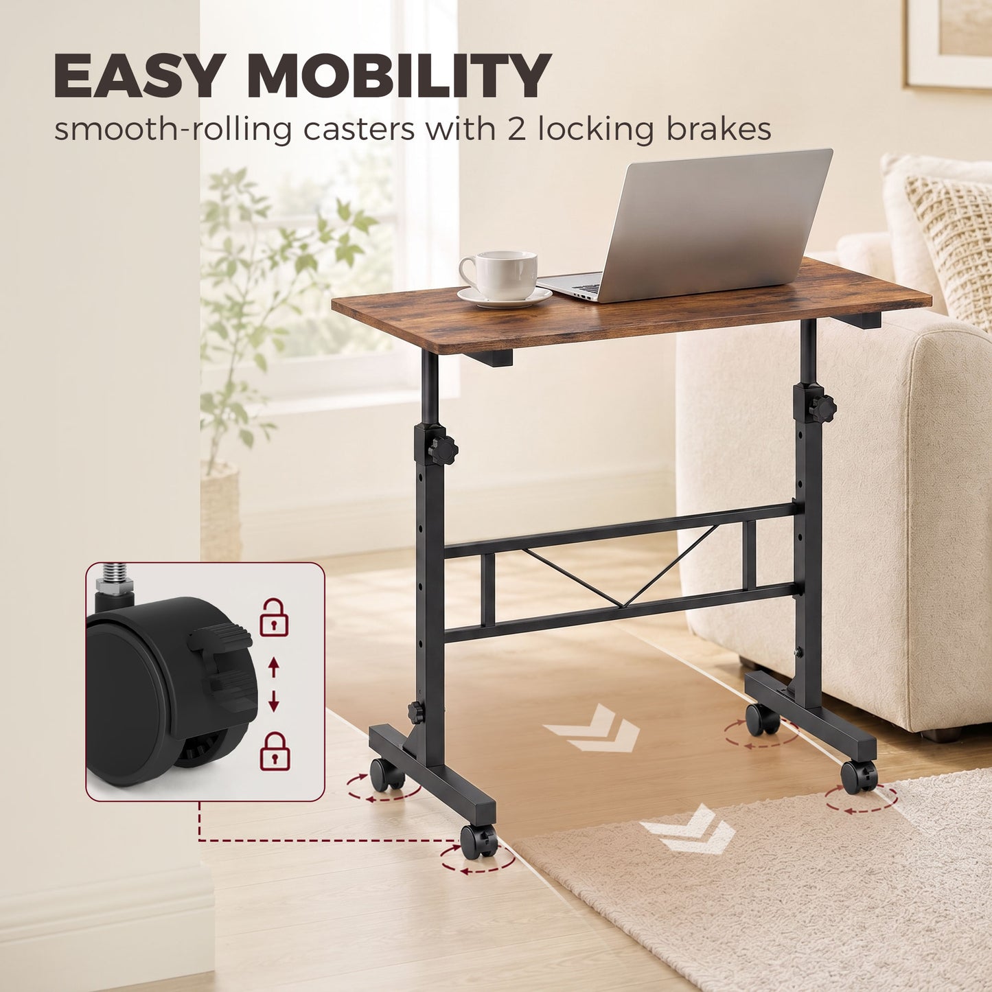 Overbed Table Adjustable Height with Steel Frame Rustic Brown