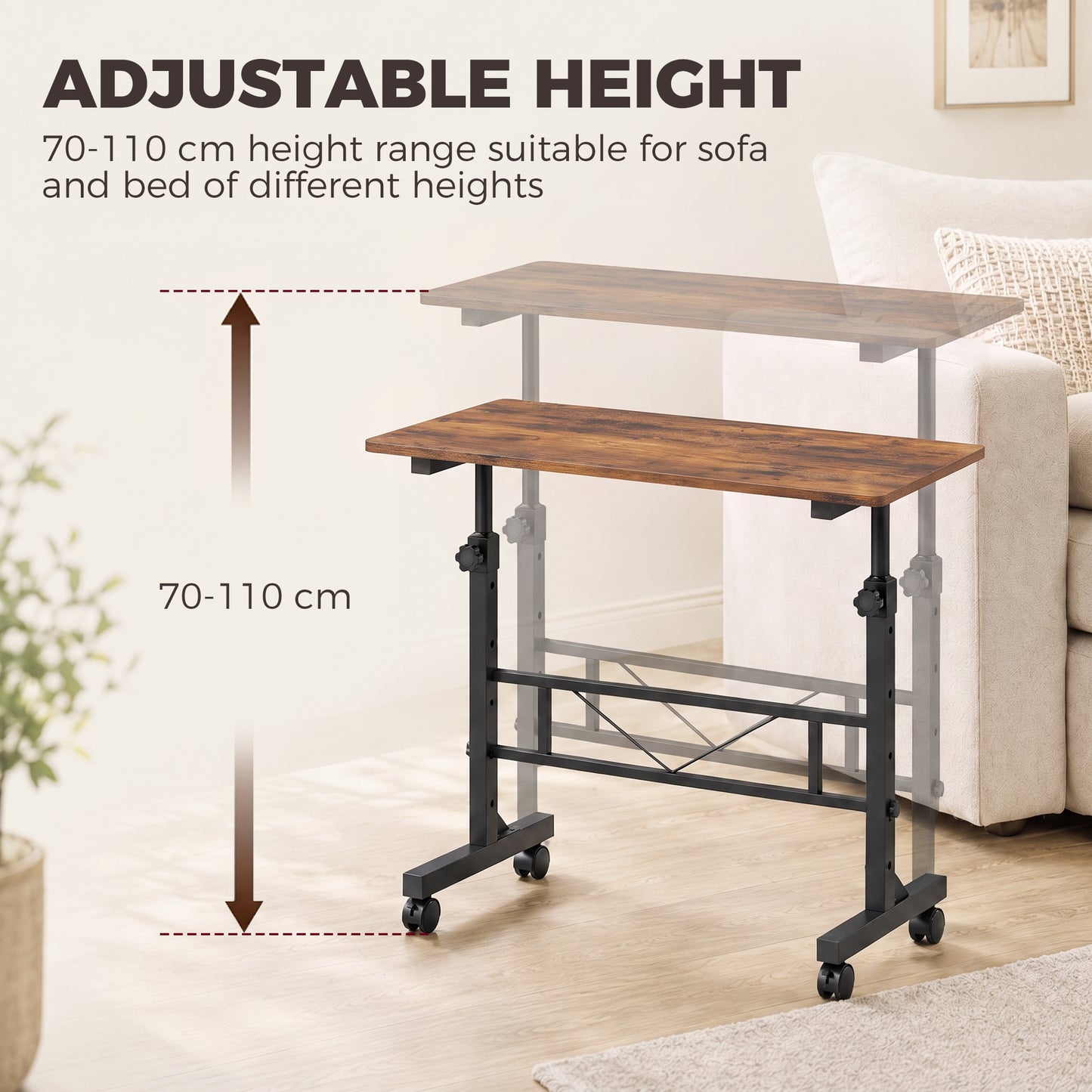 Overbed Table Adjustable Height with Steel Frame Rustic Brown