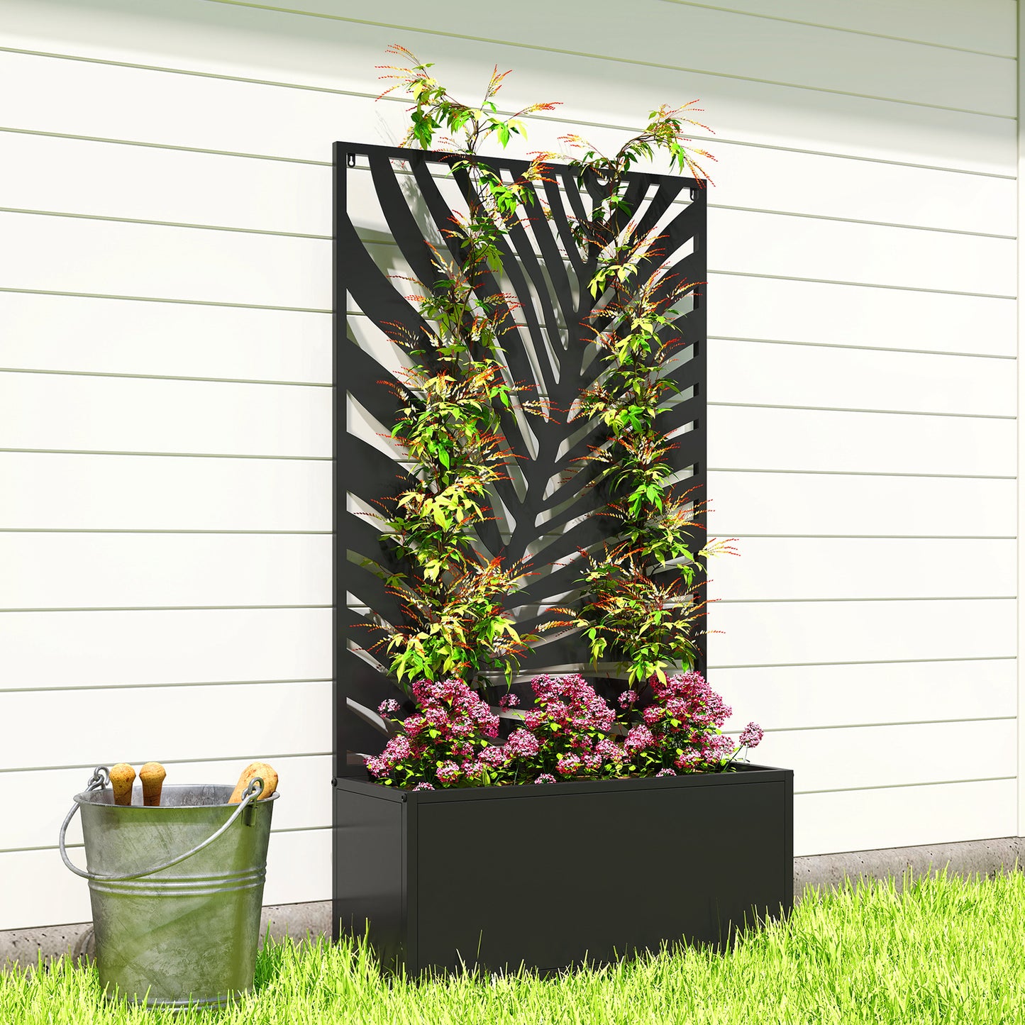 Metal Raised Garden Bed with Trellis, Outdoor Elevated Planter Box