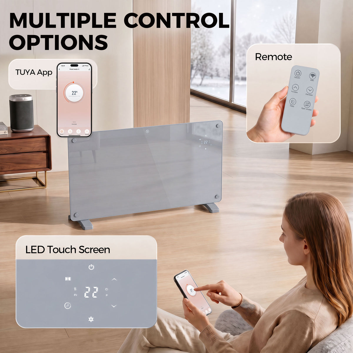 1500W Electric Space Heater Radiator Wifi Smart App, Grey