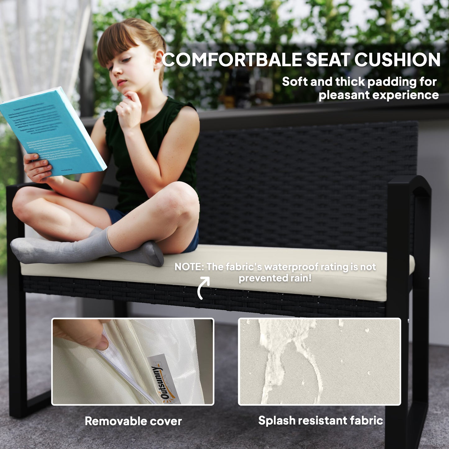 2 Seater Rattan Garden Bench with Cushion, Steel Frame, Black