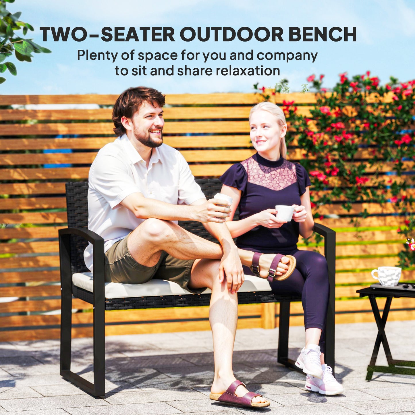 2 Seater Rattan Garden Bench with Cushion, Steel Frame, Black