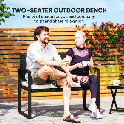 2 Seater Rattan Garden Bench with Cushion, Steel Frame, Black