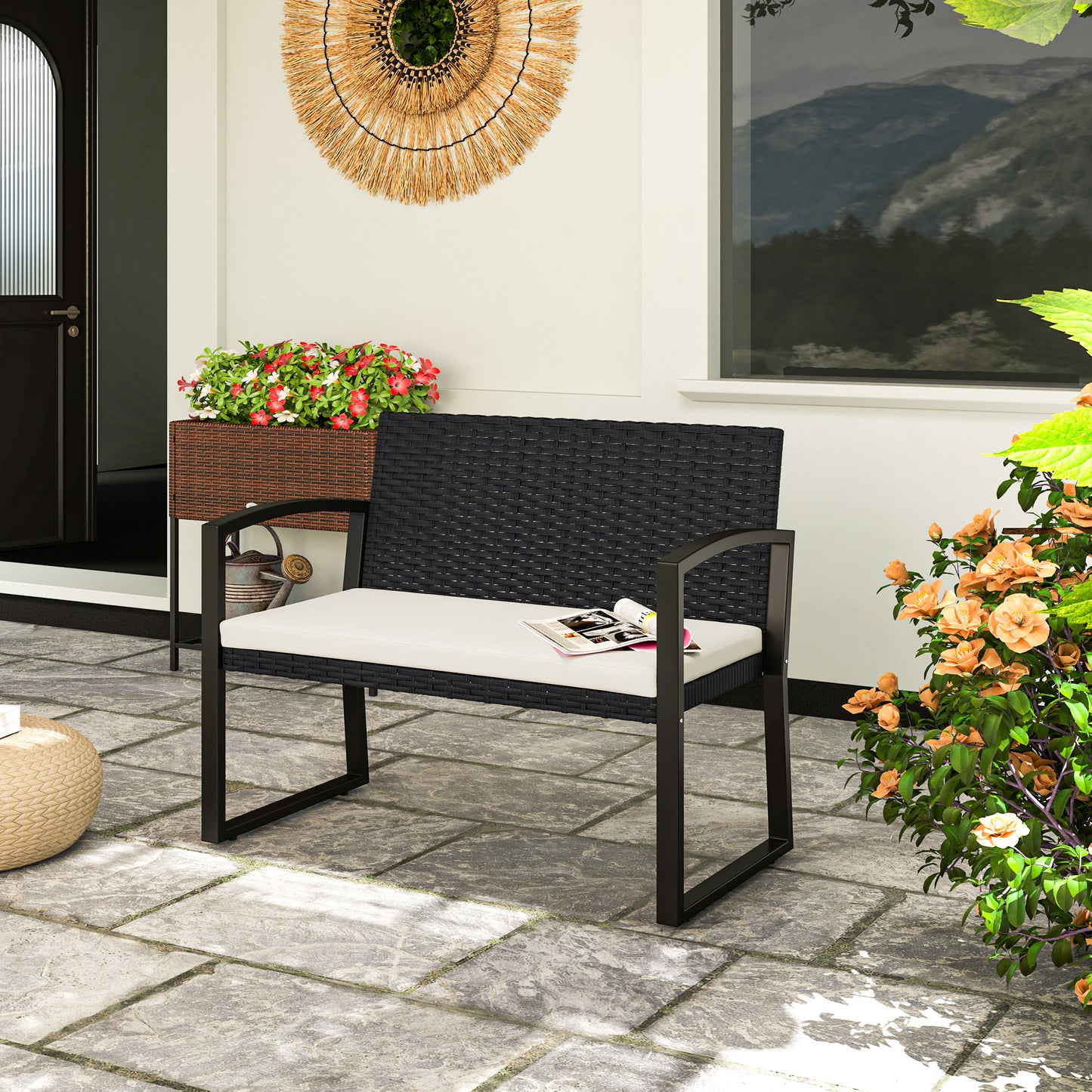 2 Seater Rattan Garden Bench with Cushion, Steel Frame, Black
