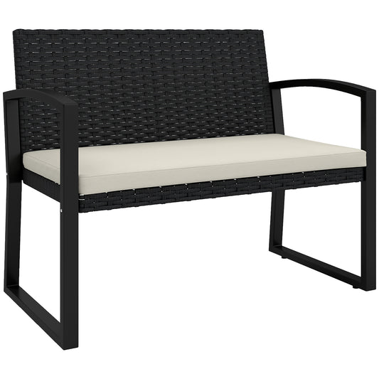 2 Seater Rattan Garden Bench with Cushion, Steel Frame, Black