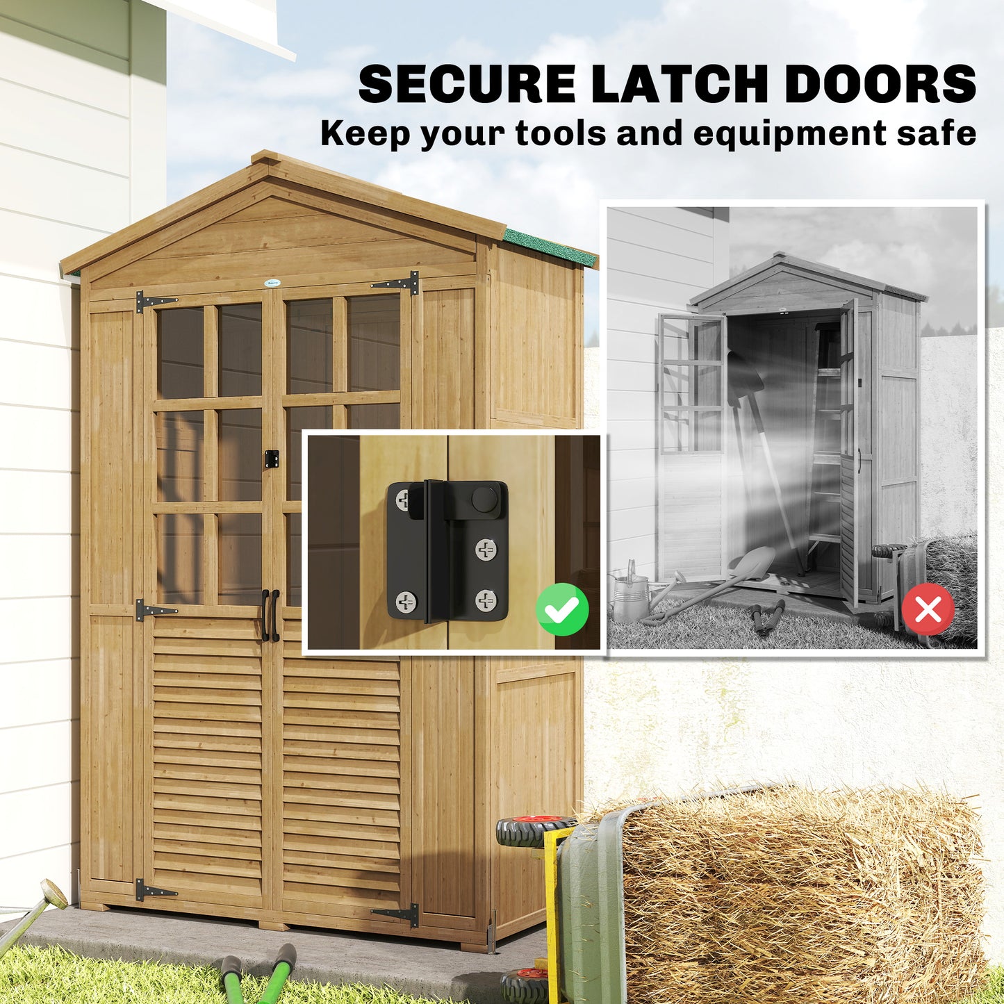Wooden Small Shed, Garden Tool Shed with Shelves and Acrylic Windows, Tool Storage Cabinet with Asphalt Roof and Lockable Doors for Equipment, Light Brown