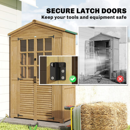 Wooden Small Shed, Garden Tool Shed with Shelves and Acrylic Windows, Tool Storage Cabinet with Asphalt Roof and Lockable Doors for Equipment, Light Brown