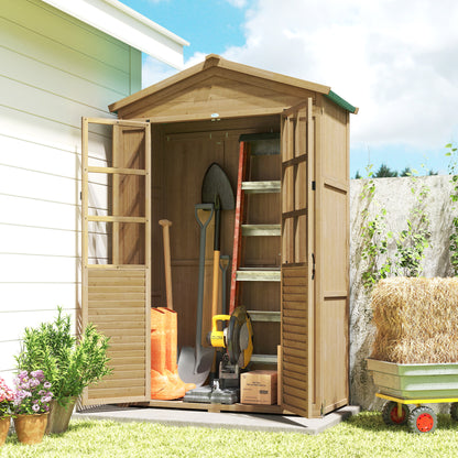 Wooden Small Shed, Garden Tool Shed with Shelves and Acrylic Windows, Tool Storage Cabinet with Asphalt Roof and Lockable Doors for Equipment, Light Brown