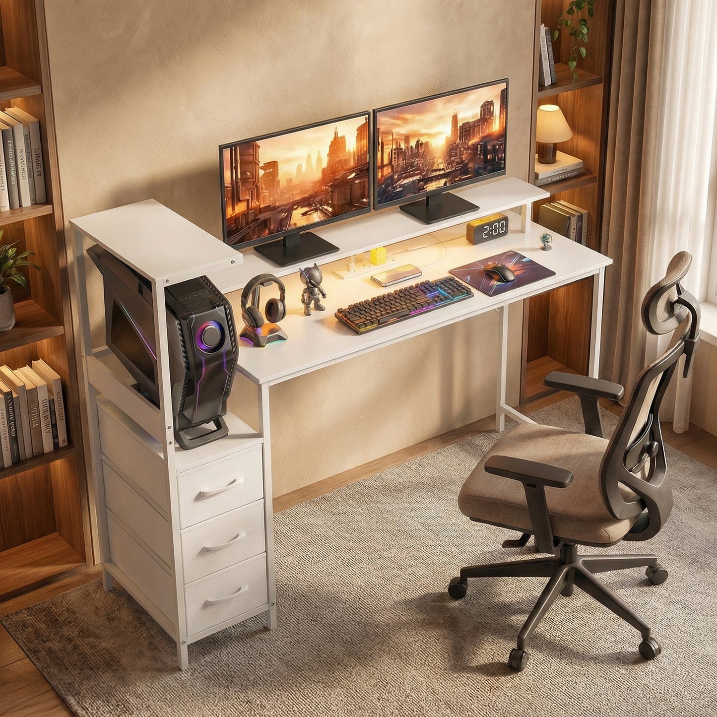 147cm Gaming Desk with Charging Station and RGB Lights, White