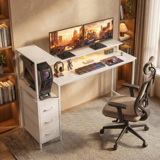 147cm Gaming Desk with Charging Station, RGB LED Lights, 3 Drawers and Monitor Shelf - White