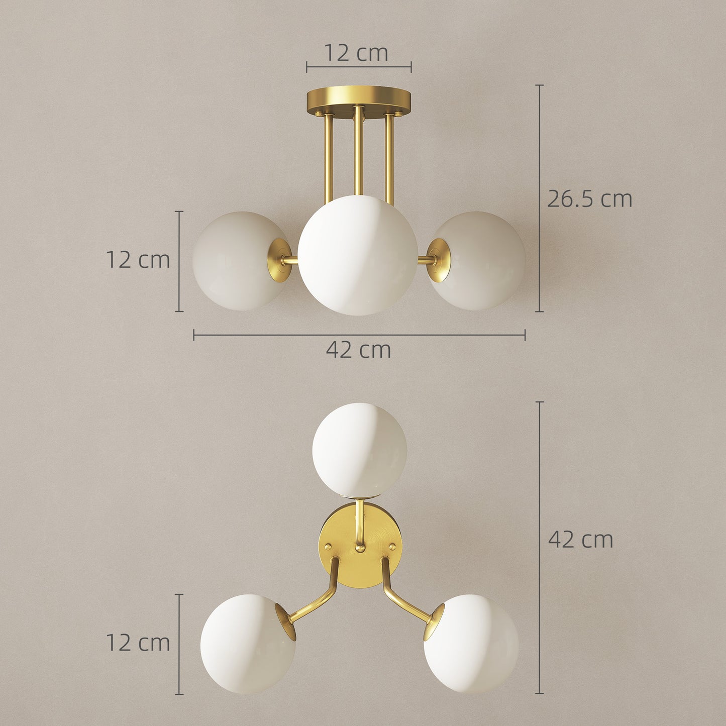 Light Fixture with 3-Light Globe Shades, Modern Ceiling Light, Gold
