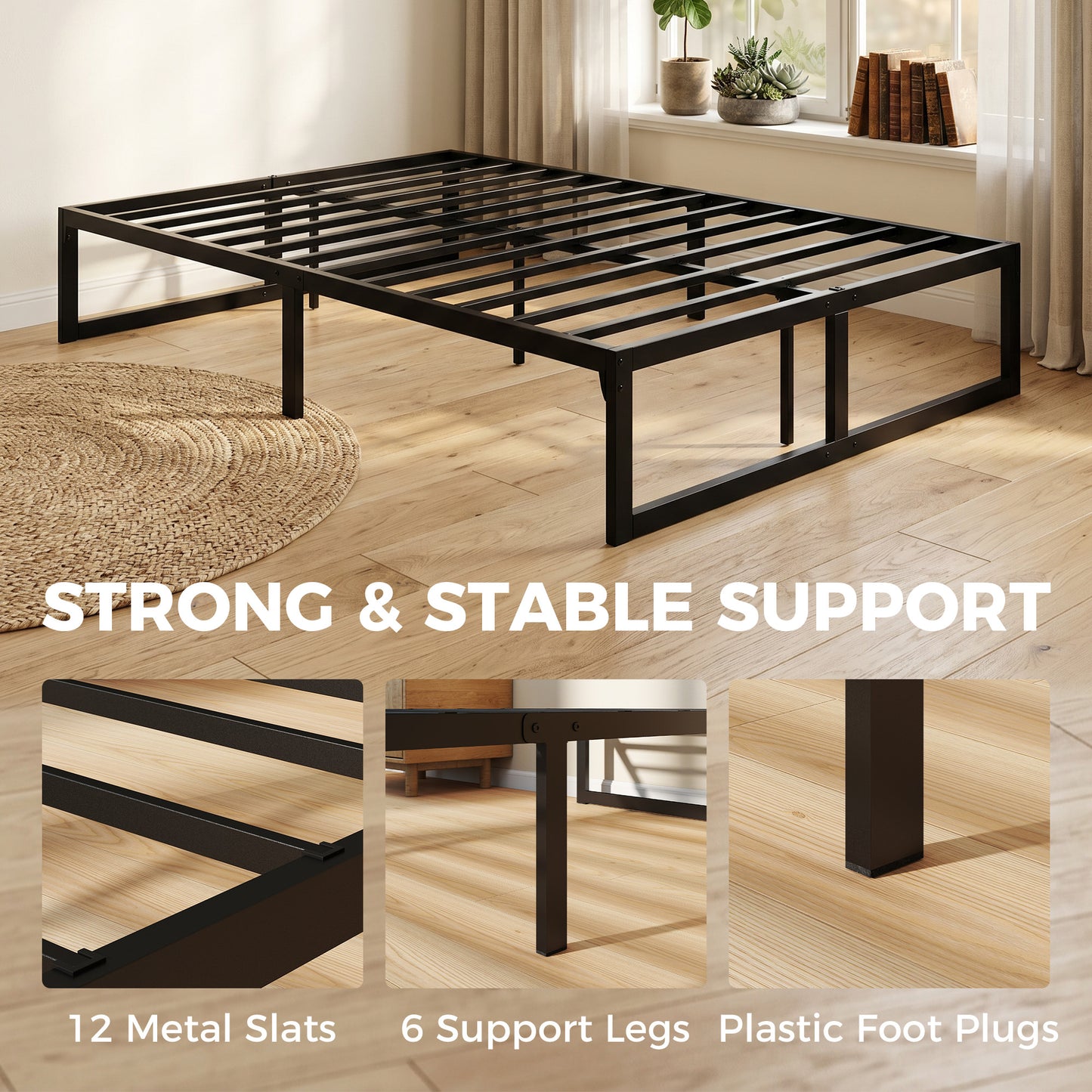 4ft Small Bed Frame with Underbed Storage, Noise-Free, Black