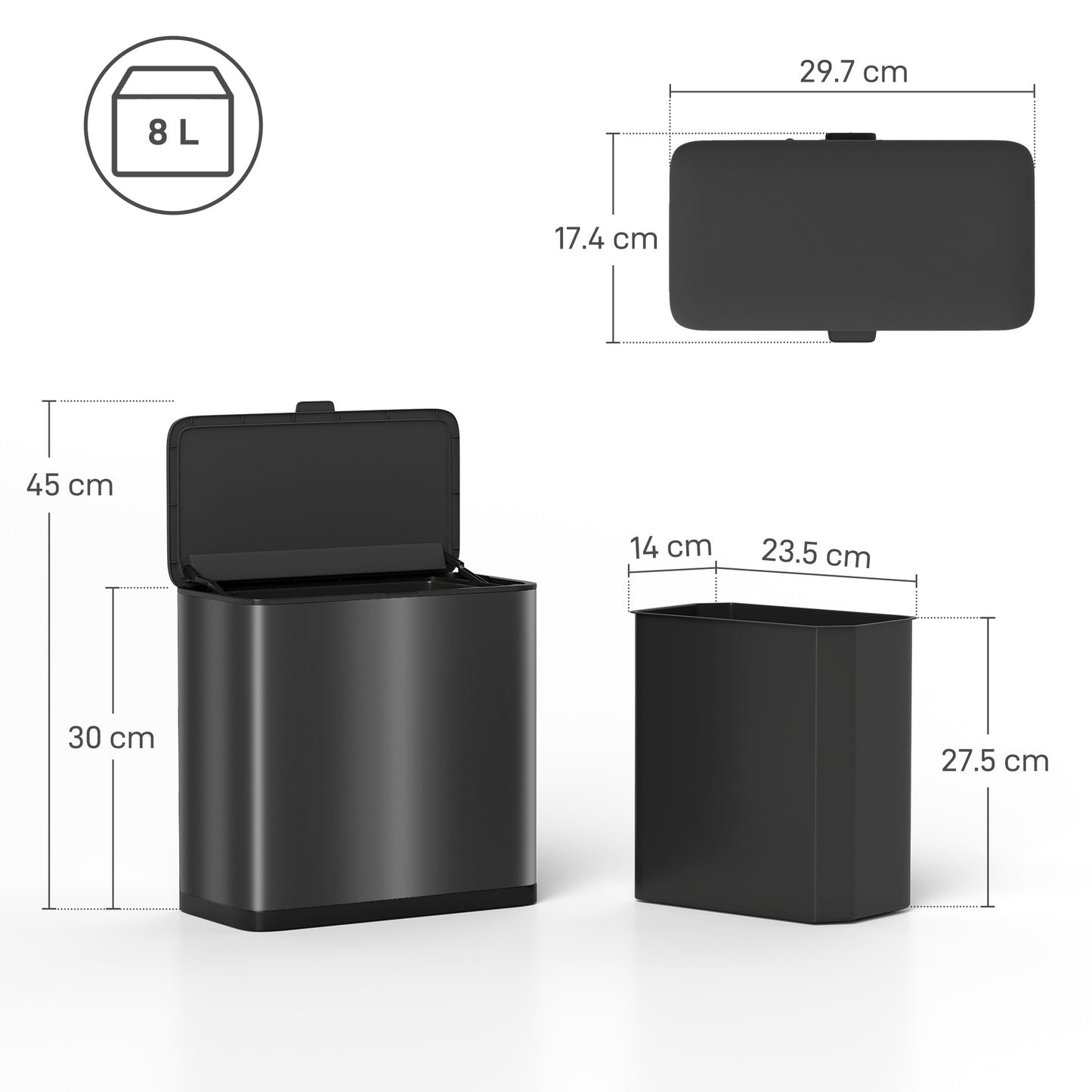 8L Hanging Kitchen Bin, Rubbish bin w/ Stay-Open Lid for Under Sink