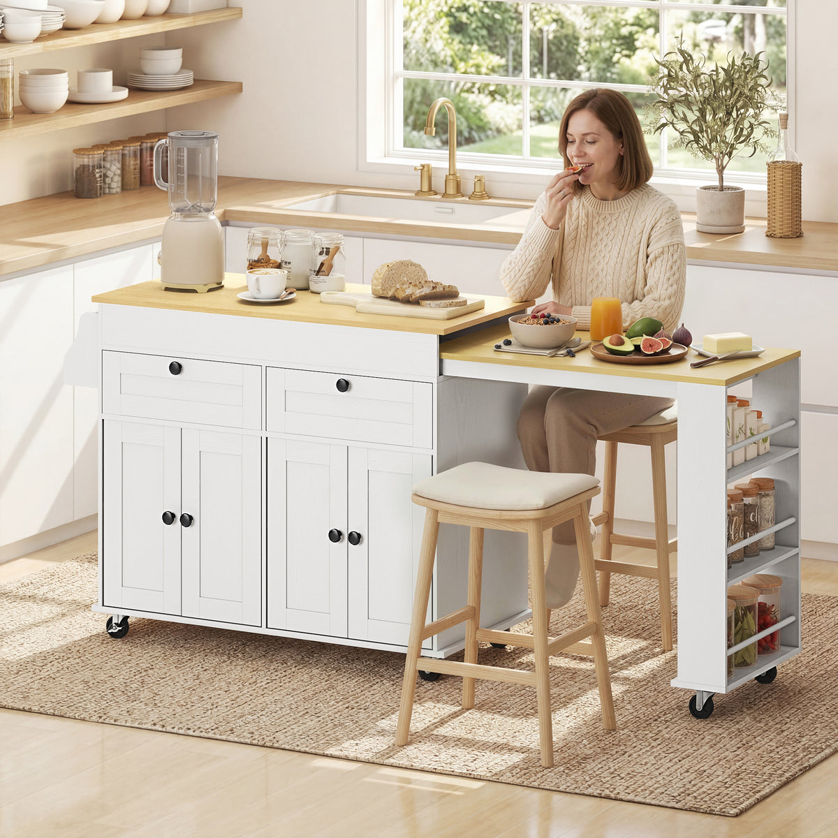 Extendable Kitchen Island with Storage, Wheels and USB Charging - White & Oak Effect