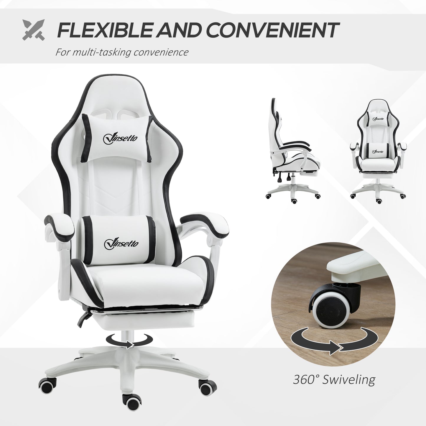 omputer Gaming Chair, PU Leather Office Desk Chair with Footrest, Swivel Wheels, 135° Reclining Back, Lumbar Support, Headrest for Home, White and Black