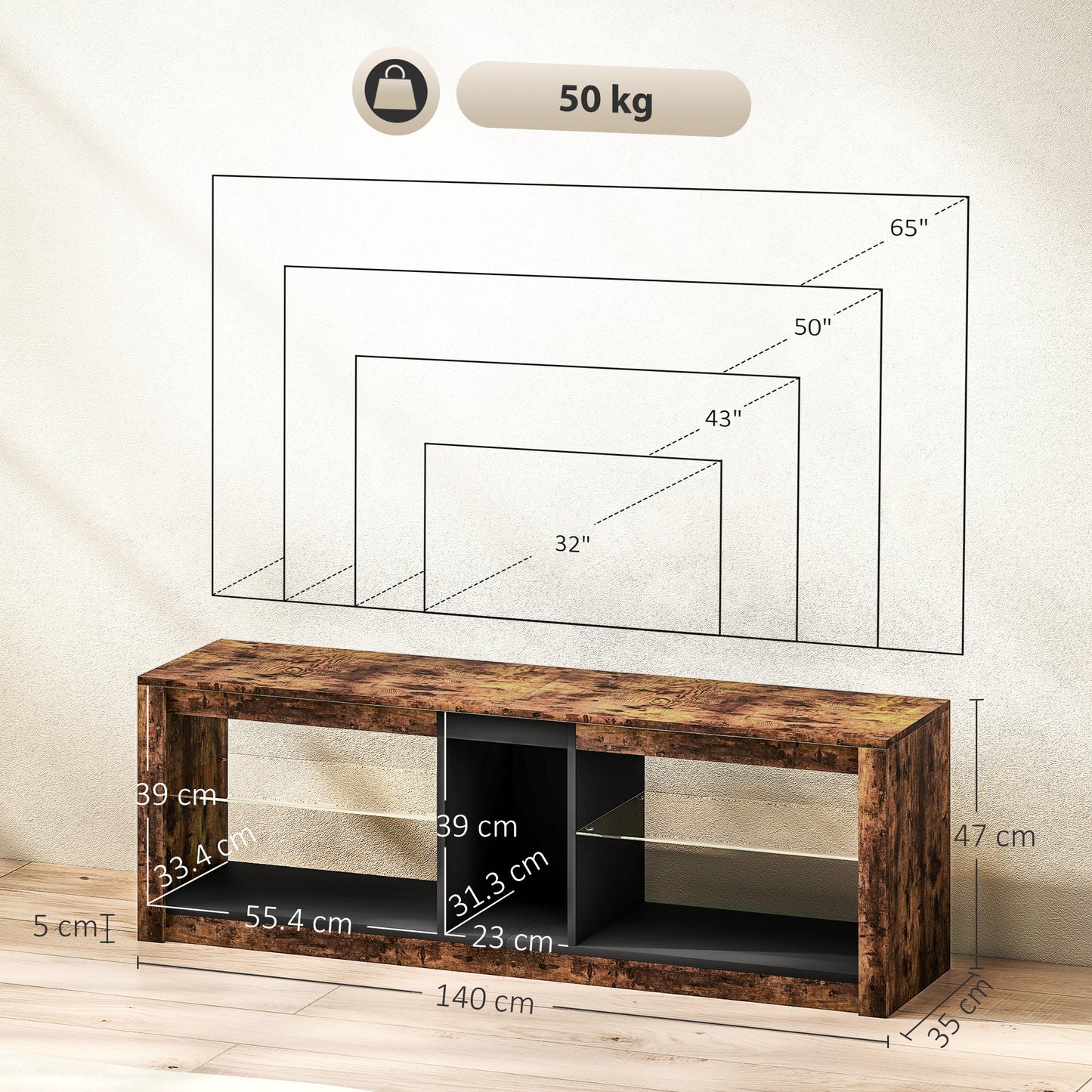 TV Stand, Entertainment Centre with LED Lights, Rustic Brown