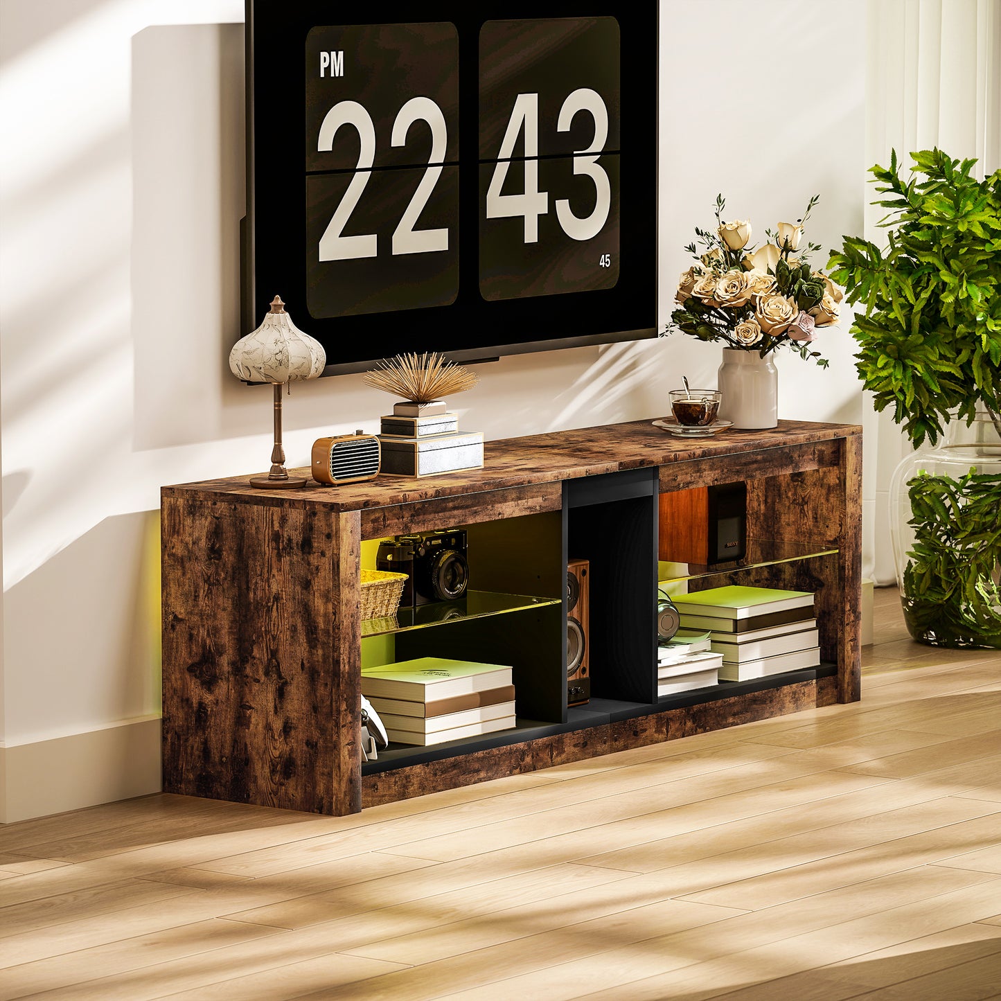 TV Stand, Entertainment Centre with LED Lights, Rustic Brown