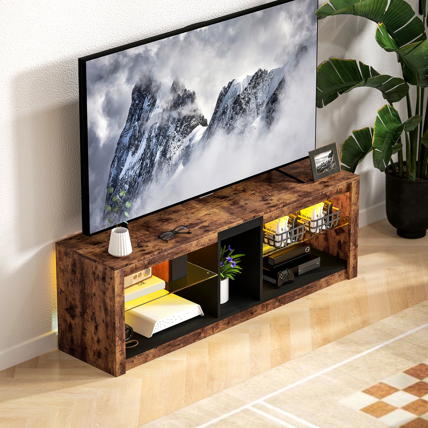 TV Stand, Entertainment Centre with LED Lights, Rustic Brown