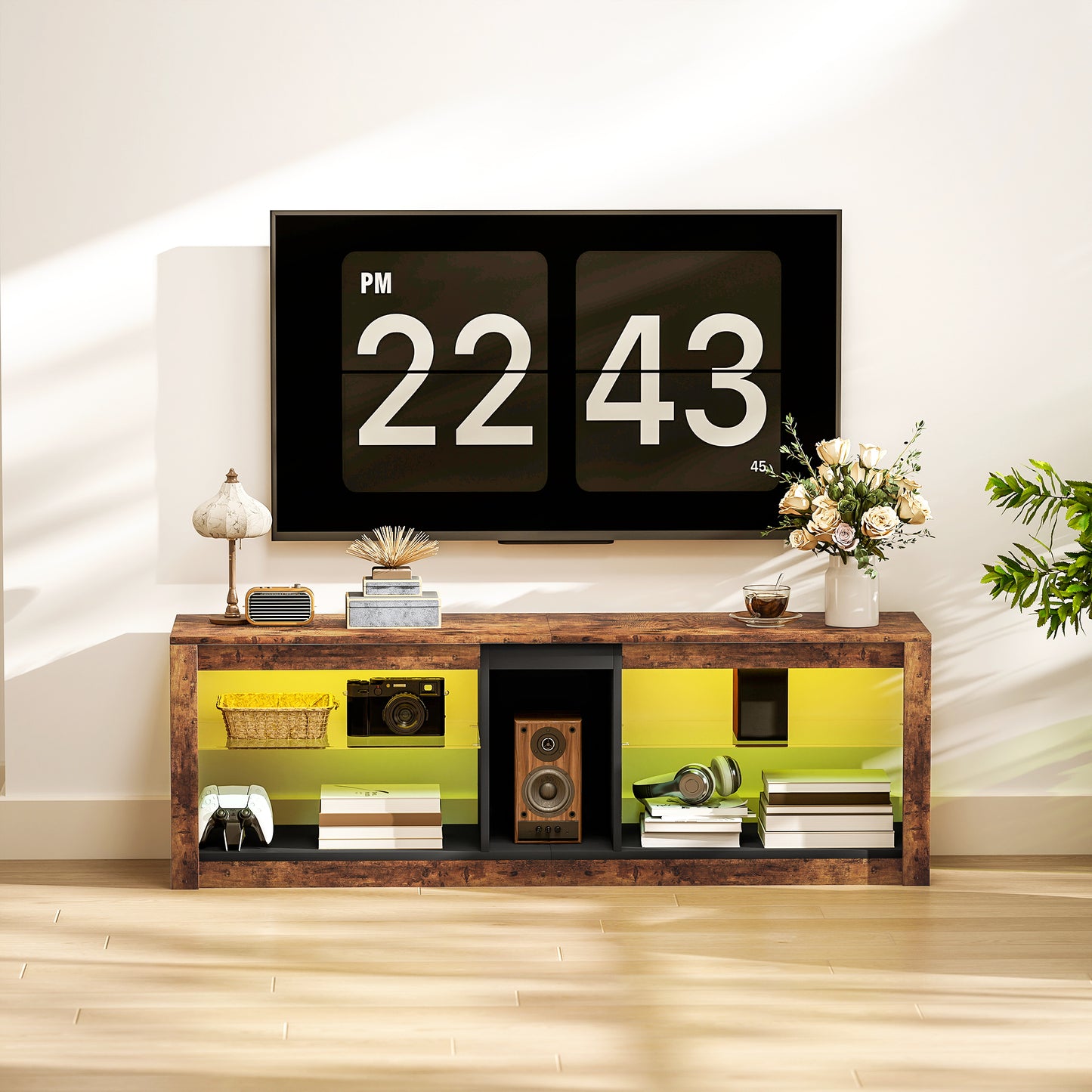TV Stand, Entertainment Centre with LED Lights, Rustic Brown