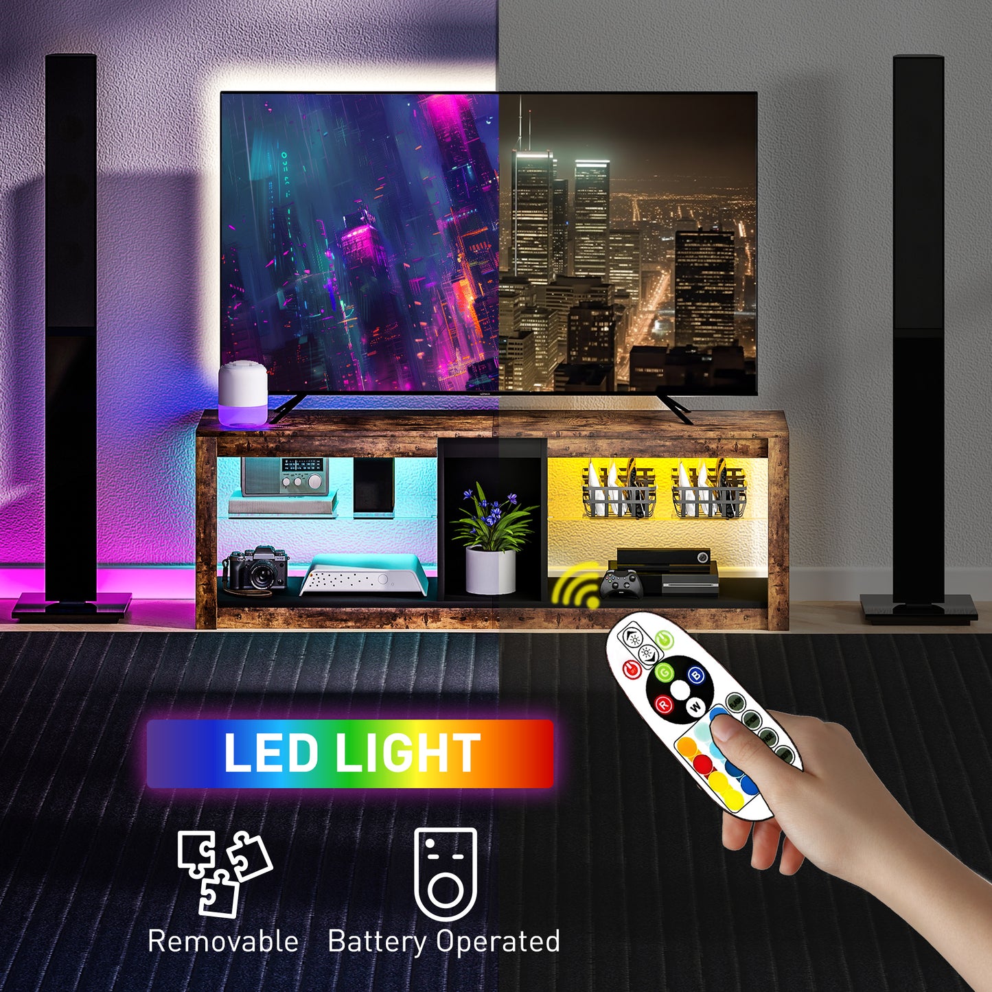 TV Stand, Entertainment Centre with LED Lights, Rustic Brown