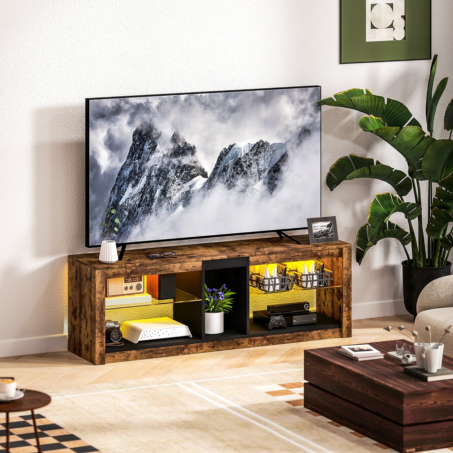 TV Stand, Entertainment Centre with LED Lights, Rustic Brown