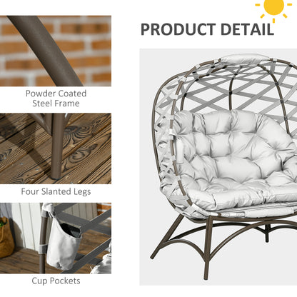 2 Seater Egg Chair Outdoor with Cushion, Cup Pockets - Light Grey