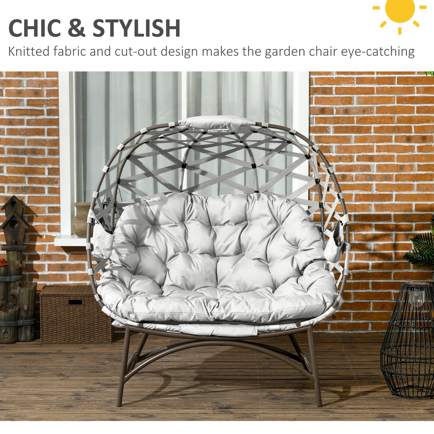 2 Seater Egg Chair Outdoor with Cushion, Cup Pockets - Light Grey