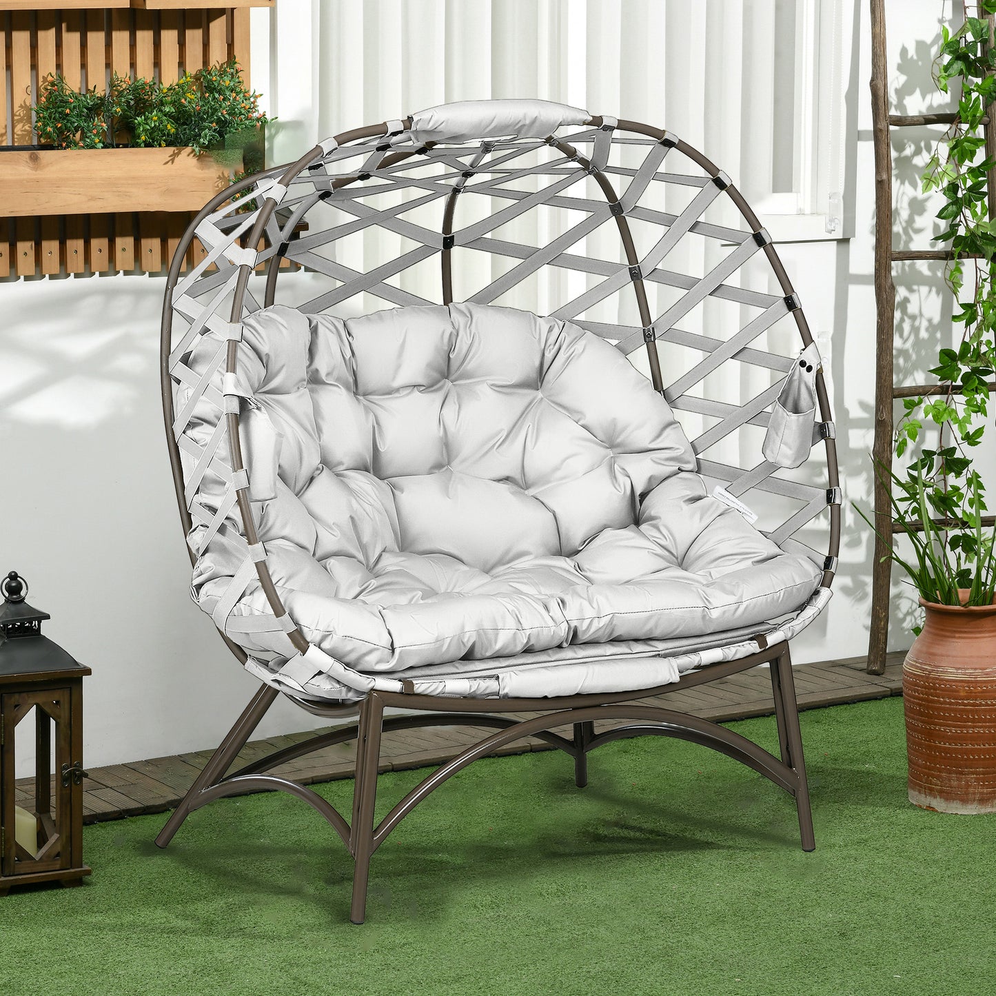 2 Seater Egg Chair Outdoor with Cushion, Cup Pockets - Light Grey