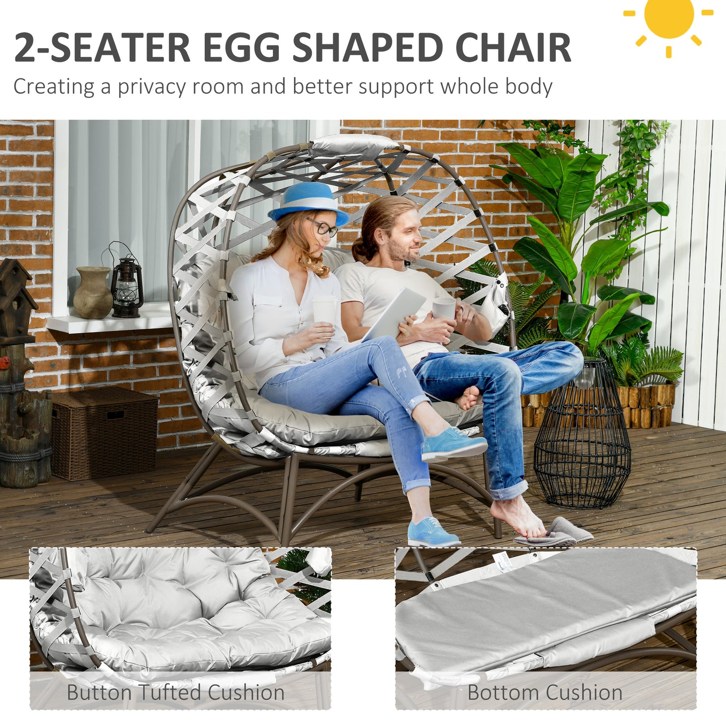 2 Seater Egg Chair Outdoor with Cushion, Cup Pockets - Light Grey