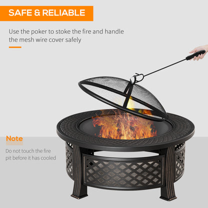 Outdoor Fire Pit,Round Firepit with Grill Net,Mesh Lid,Bronze Tone
