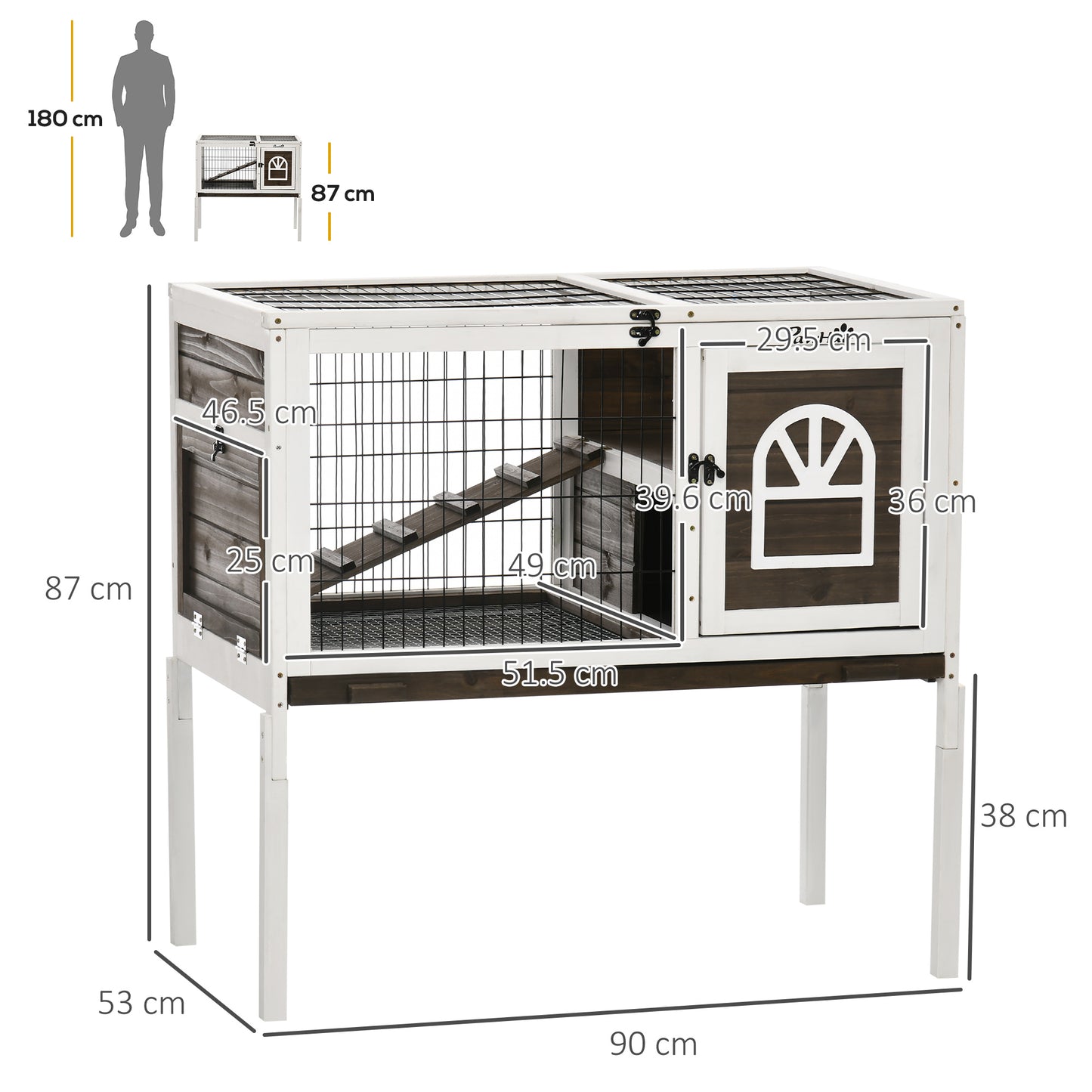 Rabbit Hutch, Elevated Guinea Pig Cage w/ Openable Roof & Tray, Brown