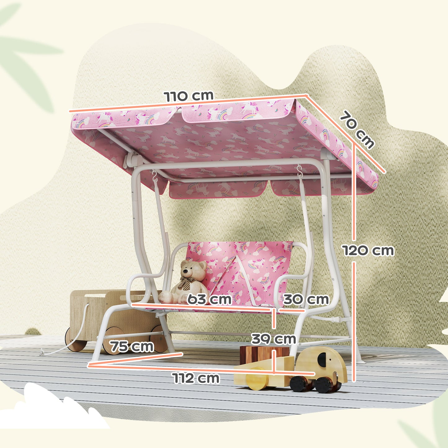 Kids 2-Seater Porch Swing with Seat Belts, Adjustable Canopy Pink